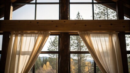 The silhouette of a wooden beam against the backdrop of a large window with curtains billowing gently capturing the essence of both the outdoors and the rustic warmth of the