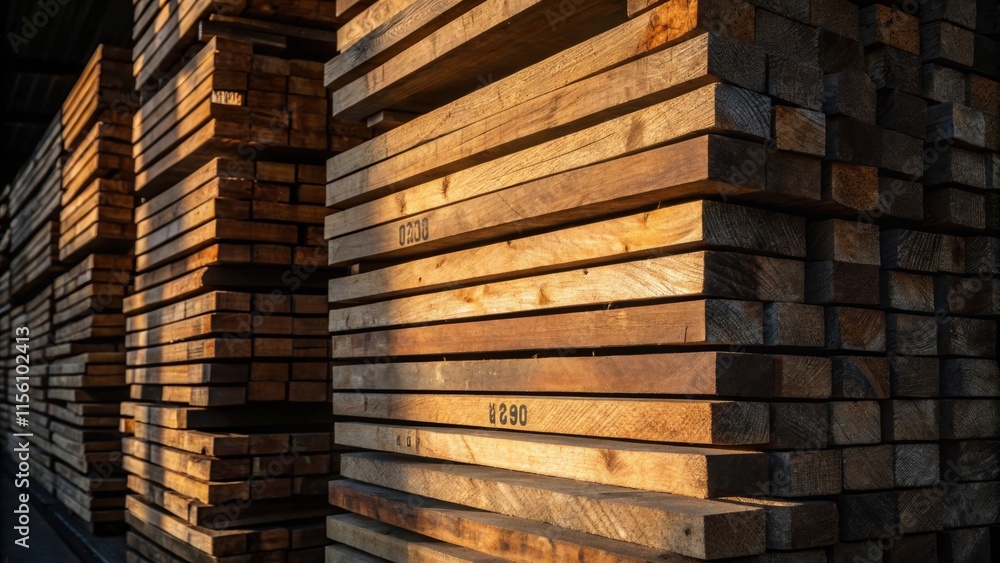 Aufkleber The play of shadows creates a dramatic effect on a tall stack of lumber focusing on the uneven surfaces and rich color variations between the different pieces of wood.