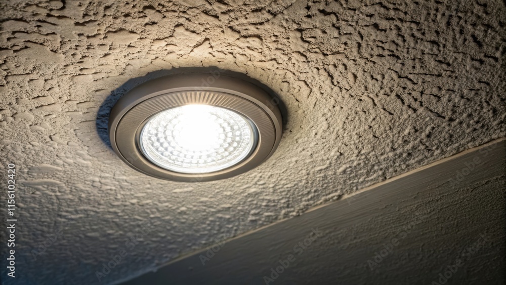 Poster The perspective of a single recessed light isolated against a textured ceiling with its luminous brightness contrasting against the matte surface.