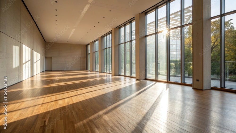 Poster The play of light and shadow in an unadorned room as sunlight streams through large modern windows accentuating the smoothness of freshly polished floors.