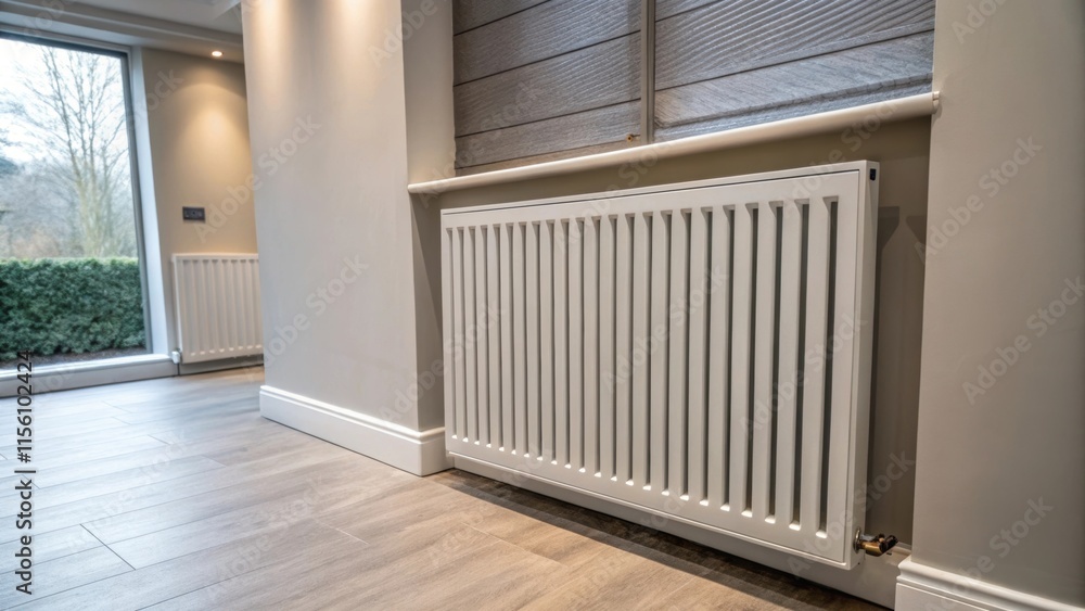 Poster The newly installed radiator features a minimalist design with horizontal slats seamlessly integrated into a contemporary interior where muted tones create a calming ambiance