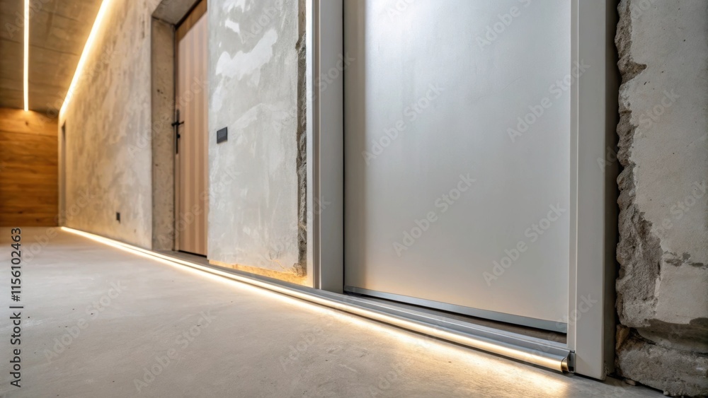 Aufkleber the modern door track glistens under soft lighting its smooth finish contrasting with the unfinished