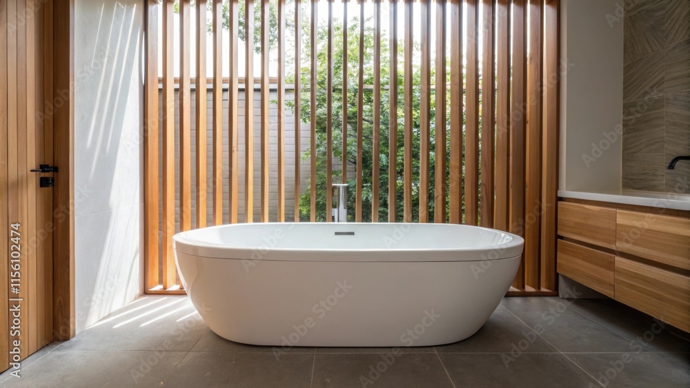 Poster The newly installed bathtub featuring sleek curves is surrounded by a minimalist wooden screen with soft dappled light filtering through creating a tranquil ambiance.