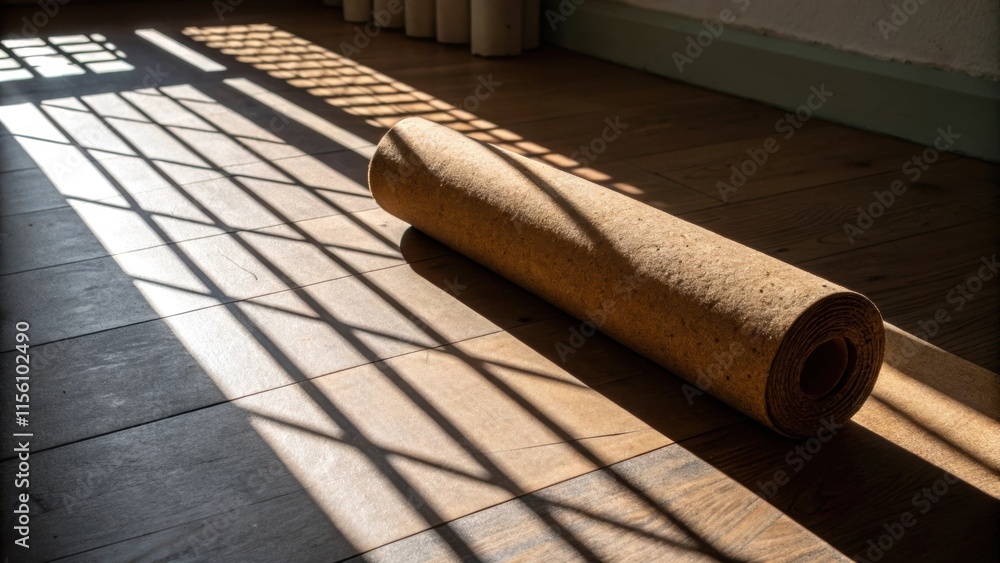 Aufkleber The light casts an intriguing shadow from the cork roll creating a pattern on the floor beneath it reflecting the interplay of light and texture in the renovation space.