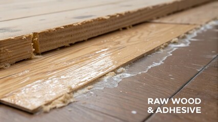 The photograph focuses on the interaction between the raw wood and the adhesive with splintered edges of the floorboards visible alongside a thick coat of translucent glue.