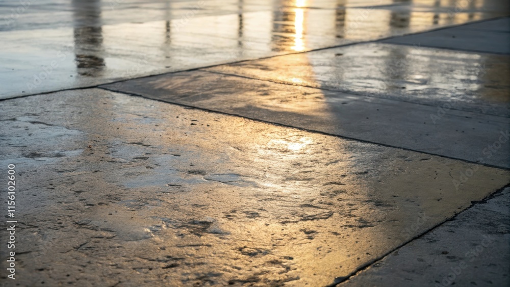 Poster The interplay of light and shadow on a patch of concrete highlighting its uneven surface and reflecting subtle hues of gray and beige.