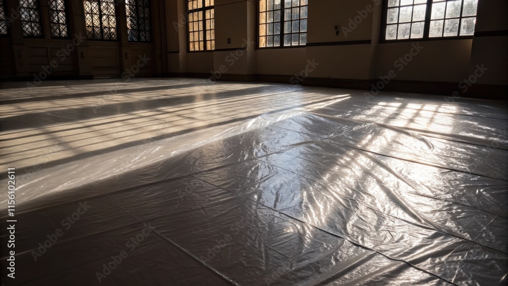 Aufkleber The interaction of light and shadow forms delicate patterns on the surface of the plastic sheeting a momentary pause preserving the fresh look of the floor.