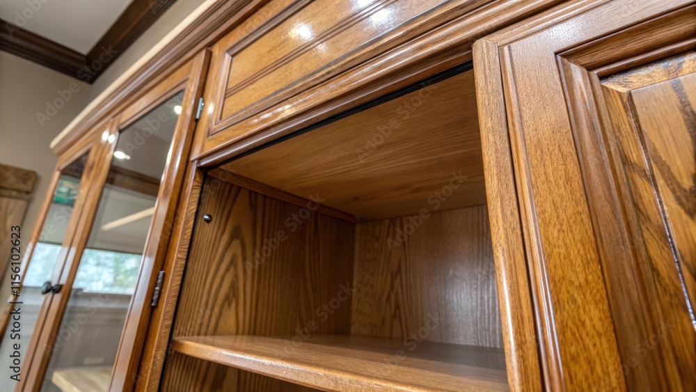 Aufkleber The inside view of a cabinet door resting at a slight angle highlighting how the glossy primer catches light enhancing the contours of the wood grain that remains exposed.