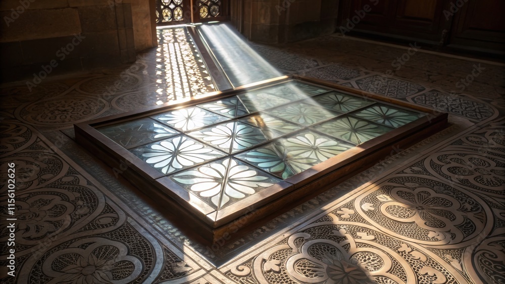 Poster The interaction between light and glass where sunlight streams through a partially installed panel casting intricate patterns onto the floor.