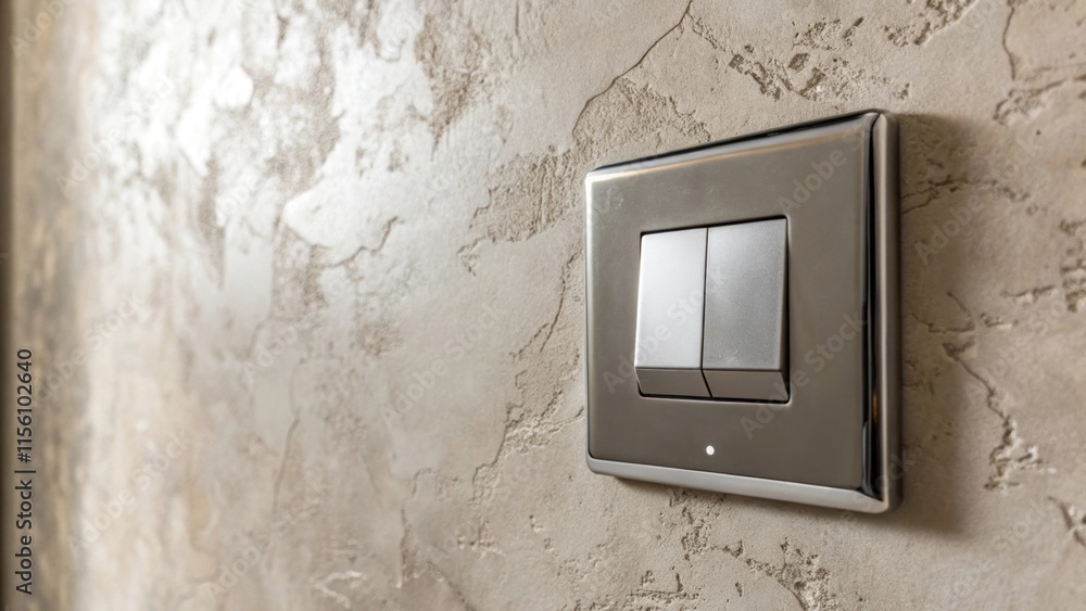 Poster The image features a sleek square light switch in a chrome finish mounted on a textured plaster wall where subtle variations in pitting and hue give character to the surface.