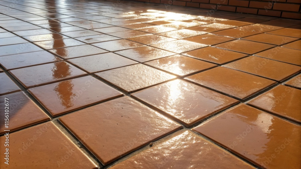 Leinwandbilder The glossy surface of newly laid ceramic tiles reflecting sunlight interspersed with patches of unsealed mortar creating a contrast between gloss and the unfinished.