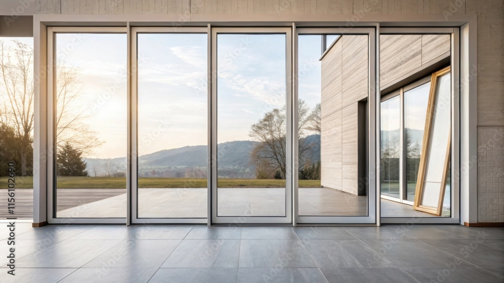 Poster The frames profile against a large window creating a seamless transition of light and space while emphasizing the transparency of the sliding door concept.