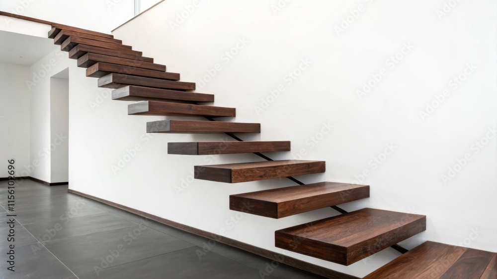 Poster The floating steps crafted from darkstained wood appear to almost hover against a stark white wall highlighting the minimalist design and the seamless transition of space.