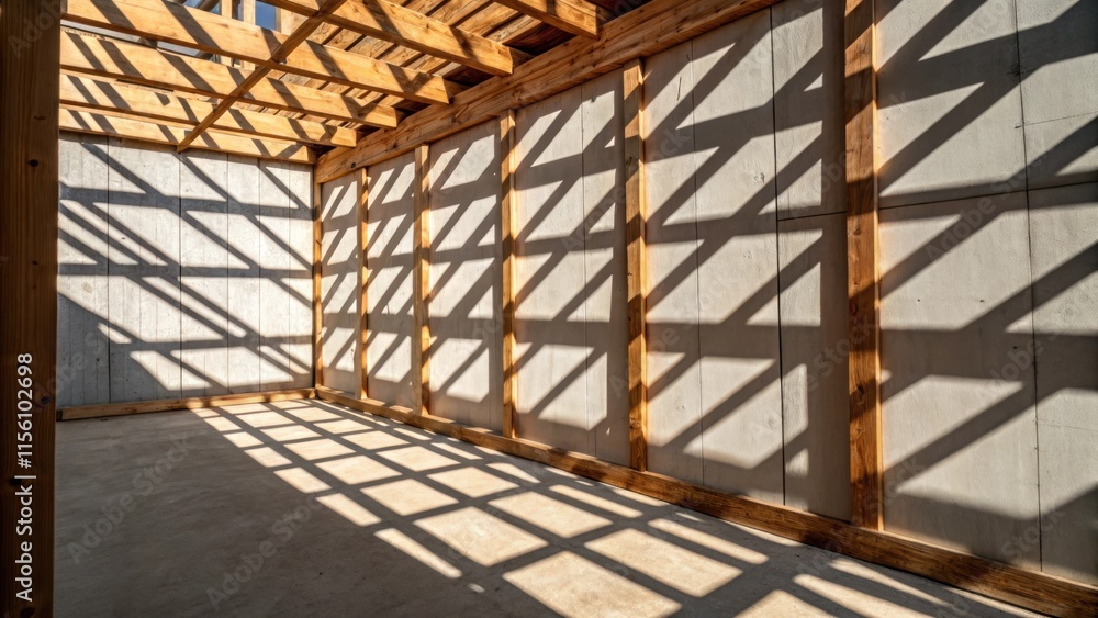 Aufkleber The focus highlights the shadows cast by the wooden framework creating an intricate pattern on the blank wall. The play of light enhances the dimensional quality of the renovation