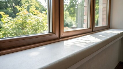 The interior windowsill dappled with natural light features meticulously applied weatherproofing that hugs the window frame tightly ensuring an environmental barrier.