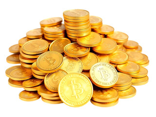 Piles money gold coins of gleaming with isolated against transparent background. Banking and financial concept