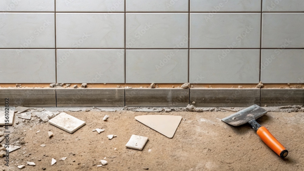 Aufkleber The edge of the tiled floor meets the wall where a strip of grout is smeared and small fragments of tile tered near a trowel indicate ongoing work.