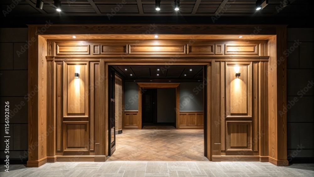 Poster the entryway presents a stark contrast of light and shadows showcasing smooth wooden trim details ag