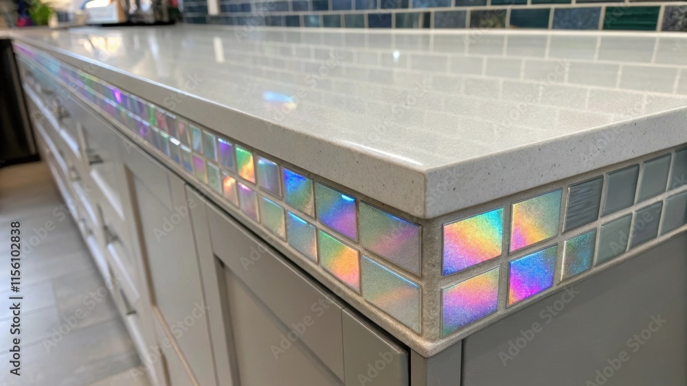 Aufkleber The edge of a clean light gray laminate counter next to an assortment of iridescent backsplash tiles each catching light differently and creating a kaleidoscopic effect.
