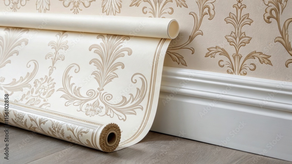 Aufkleber the edge of a partially applied wallpaper roll showcases delicate handpainted designs with a perfect