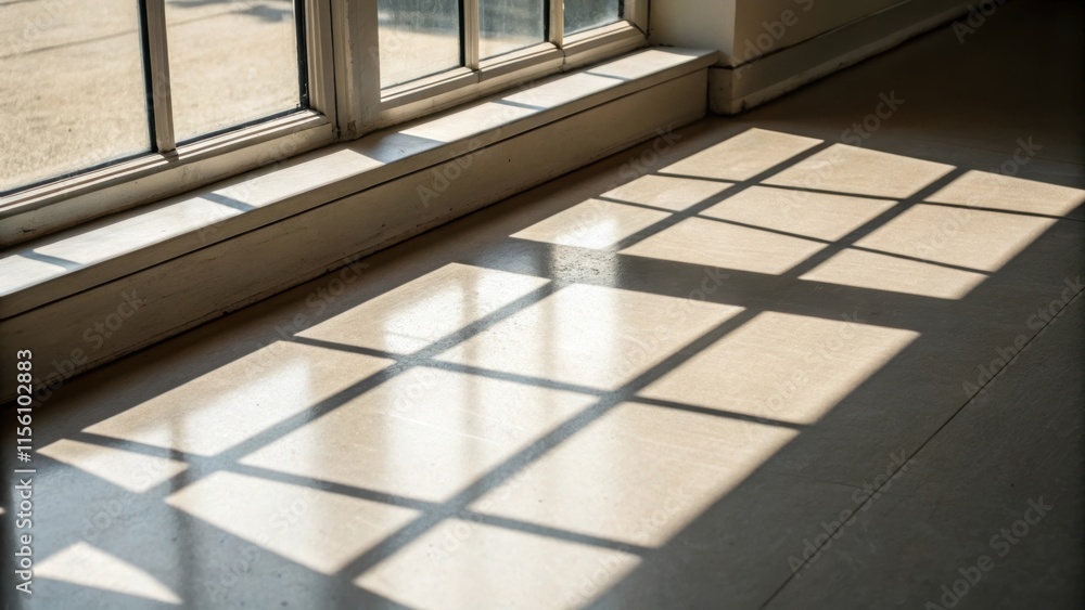 Poster The delicate interplay of light and shadow on the floor where a shadow of the window frame forms a geometric contrast with the smooth expanse of the floor.