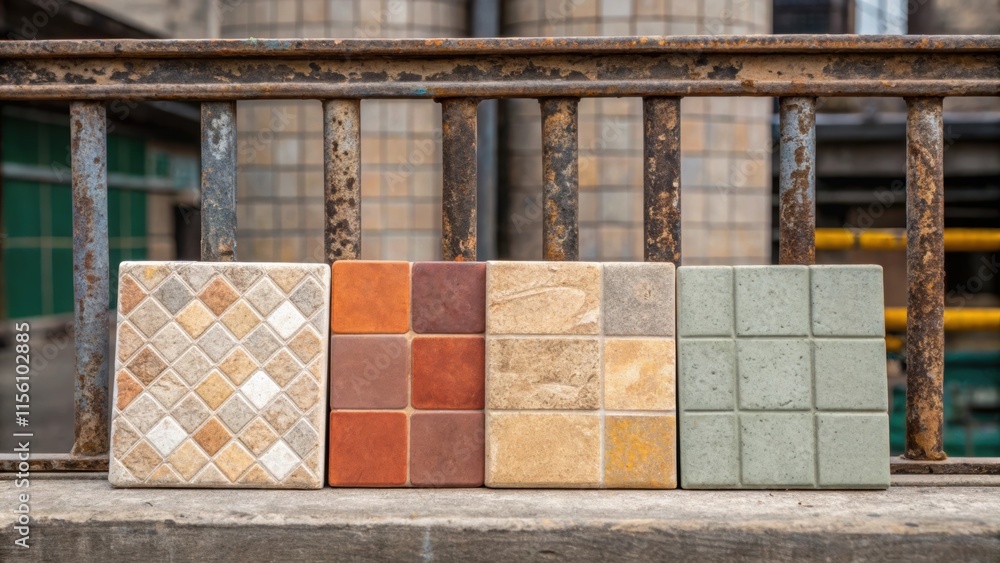 Poster The distinctive textures of ungrouted tiles where muted earth tones blend with bright accents prominently displayed against a backdrop of weathered steel railing.