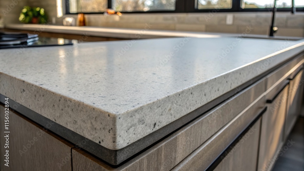 Aufkleber The countertops light gray hue showcases subtle flecks while the contrasting dark outs create a striking visual element against the otherwise smooth surface.