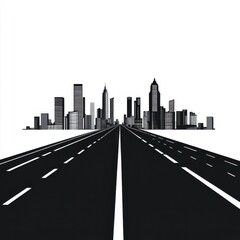 Fototapeta premium A stylized black and white city skyline viewed from an empty highway, creating a modern and minimalist atmosphere.