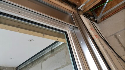 Obraz premium The edge of a partially installed sliding glass door reveals fresh clean edges of the glass and shiny metal track juxtaposed against unfinished drywall and exposed wiring above.