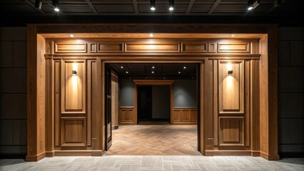 The entryway presents a stark contrast of light and shadows showcasing smooth wooden trim details against a backdrop of exposed framing.