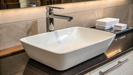 Fototapeta premium The depth of a contemporary sink captures reflected light beautifully while a modern faucet with a flat spout hovers above ready to transform simple tasks into a stylish affair.