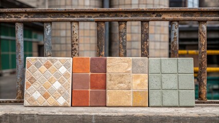 The distinctive textures of ungrouted tiles where muted earth tones blend with bright accents prominently displayed against a backdrop of weathered steel railing.
