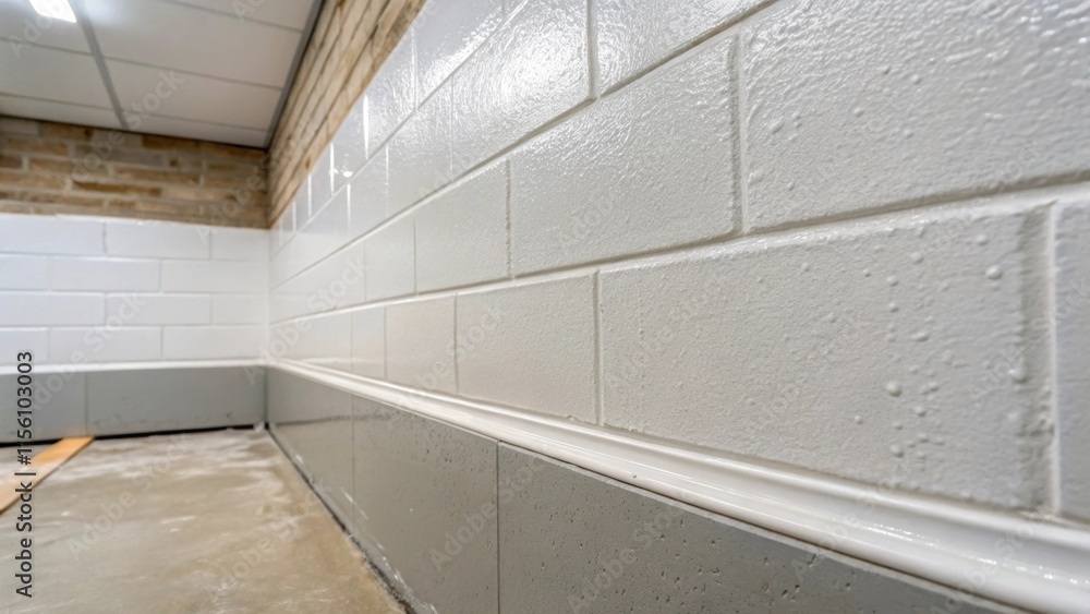 Poster the closeup of a wall in a bathroom renovation with the waterproof membrane neatly applied and punct