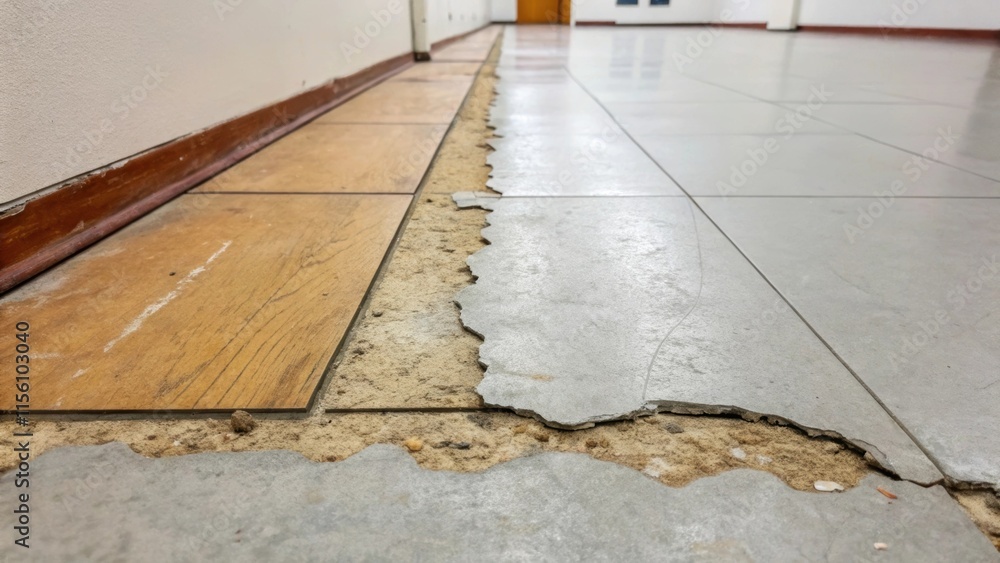 Aufkleber The chipped edges of the remaining floor surface contrast strikingly with the stark lines of the unadorned underlayment creating a dramatic visual of decay and transition.