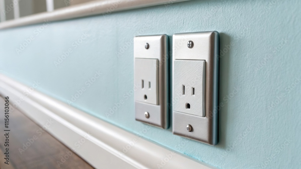 Poster the closeup captures a closeknit of two silver mounting brackets on a pale blue wall suggesting a ha