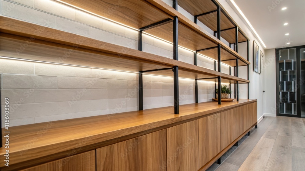 Poster the clean lines and polished finish promise to complement the wooden shelves above.