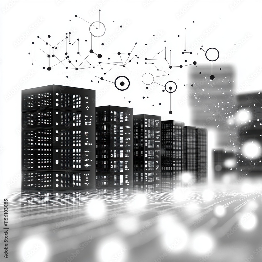 Poster a sleek digital illustration of server racks in a high-tech data center with abstract network connec