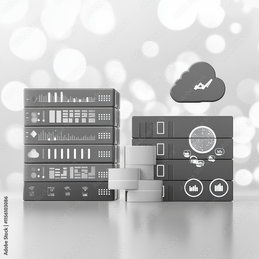 Poster stylized illustration of data storage technology and cloud computing on a bright background.