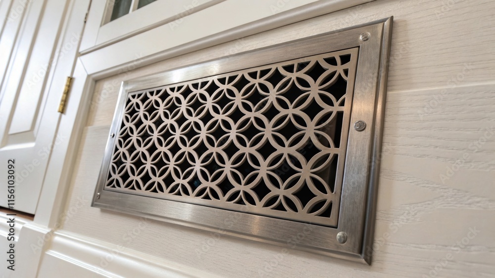 Poster the closeup view shows intricate details of a brushed nickel vent cover showcasing its elegant geome