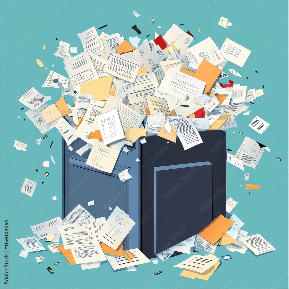 Poster an overflowing filing cabinet with a chaotic mix of paper documents, representing office clutter and