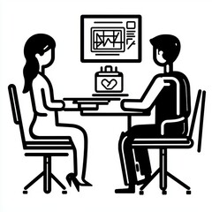 A woman and a man engage in a professional discussion with digital data displayed in the background.