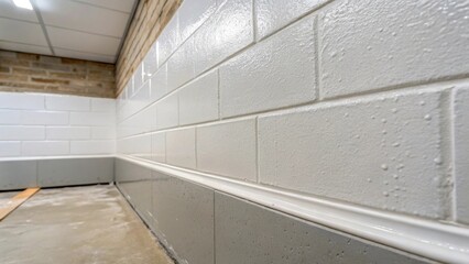 Fototapeta premium The closeup of a wall in a bathroom renovation with the waterproof membrane neatly applied and punctuated by the clean lines of a ceiling edge.