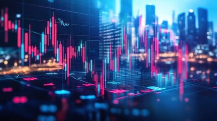 A dynamic business finance growth concept, with rising stock charts, currency symbols, and digital data streams