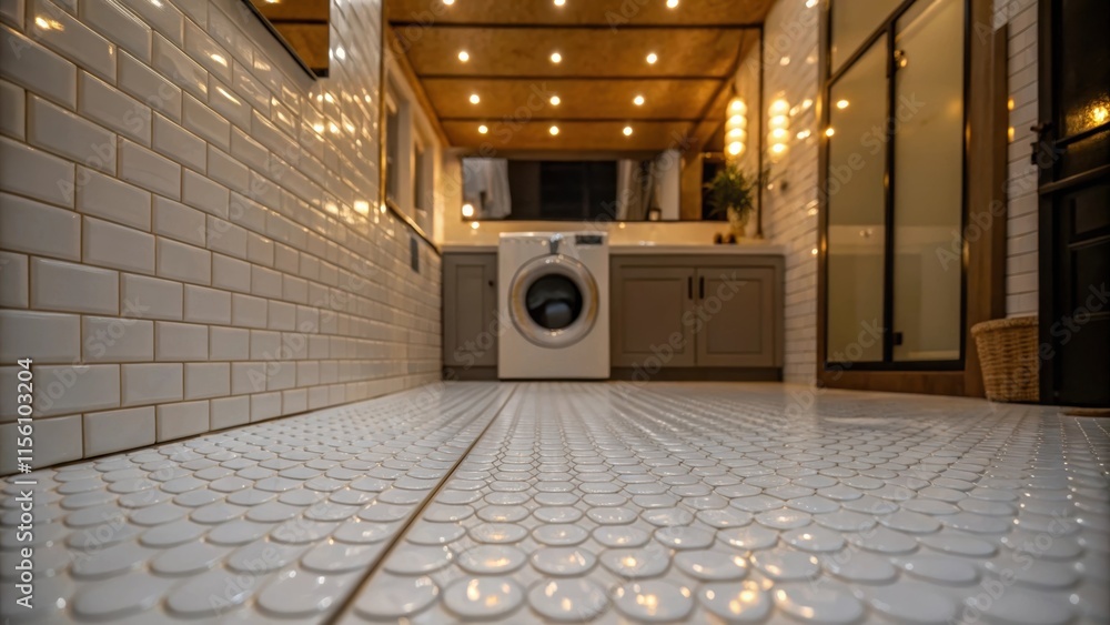 Poster textured white tiles cover the floor reflecting the soft glow of warm overhead lights creating a coz