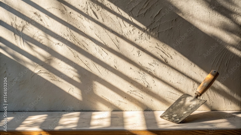 Poster textured shadows dance across a newly plastered wall highlighting its even surface. to the side a we