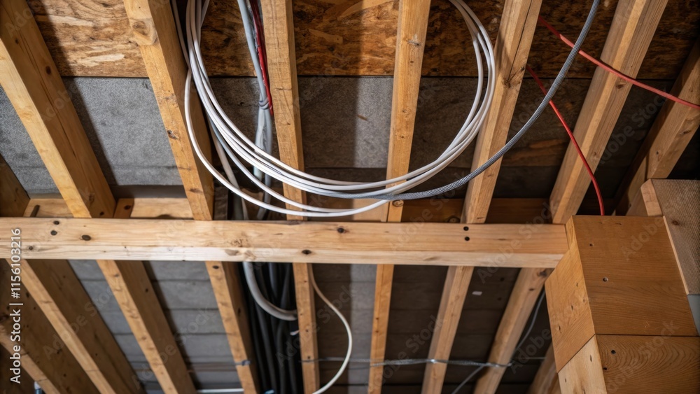 Poster Texture of exposed electrical wiring hanging precariously from the ceiling intertwined with the wooden framework of the divider indicating the integration of utility.