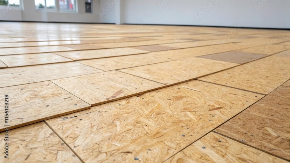 Poster Textured plywood sheets laid out evenly across the floor showcasing a precise and organized layout as the base for the parquet.