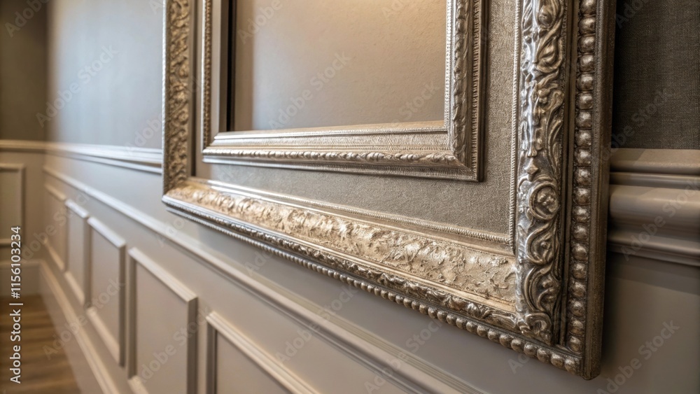 Aufkleber Textured view of a frame installed as wall molding its glossy surface reflecting soft light creating a sophisticated contrast against a muted wall.