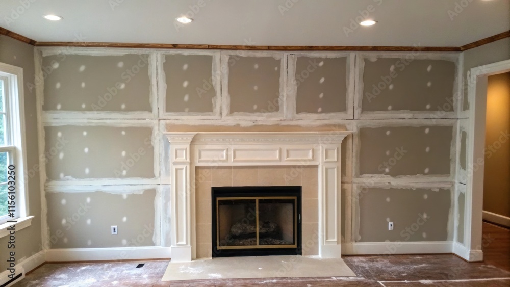 Poster Textured drywall seams and patches across the blank surface evidence of careful preparation ready to showcase a stunning fireplace as the focal point of the room.