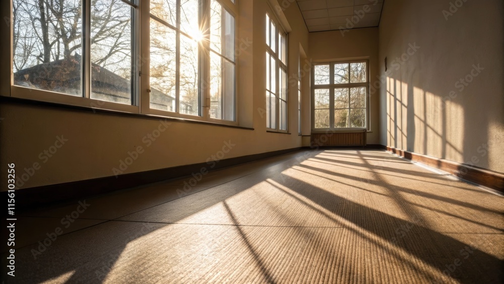 Aufkleber Sunlight filters through a window illuminating the modest sheen of the protective floor covering while shadows dance along the d walls.